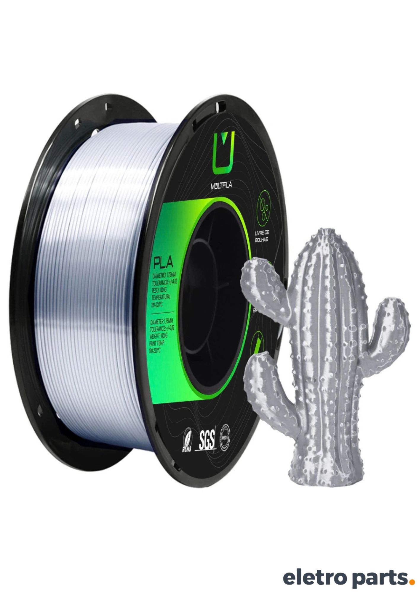 Filamento PLA Silk Prata Metálico MultFila 1,75mm 1Kg para Impressora 3D