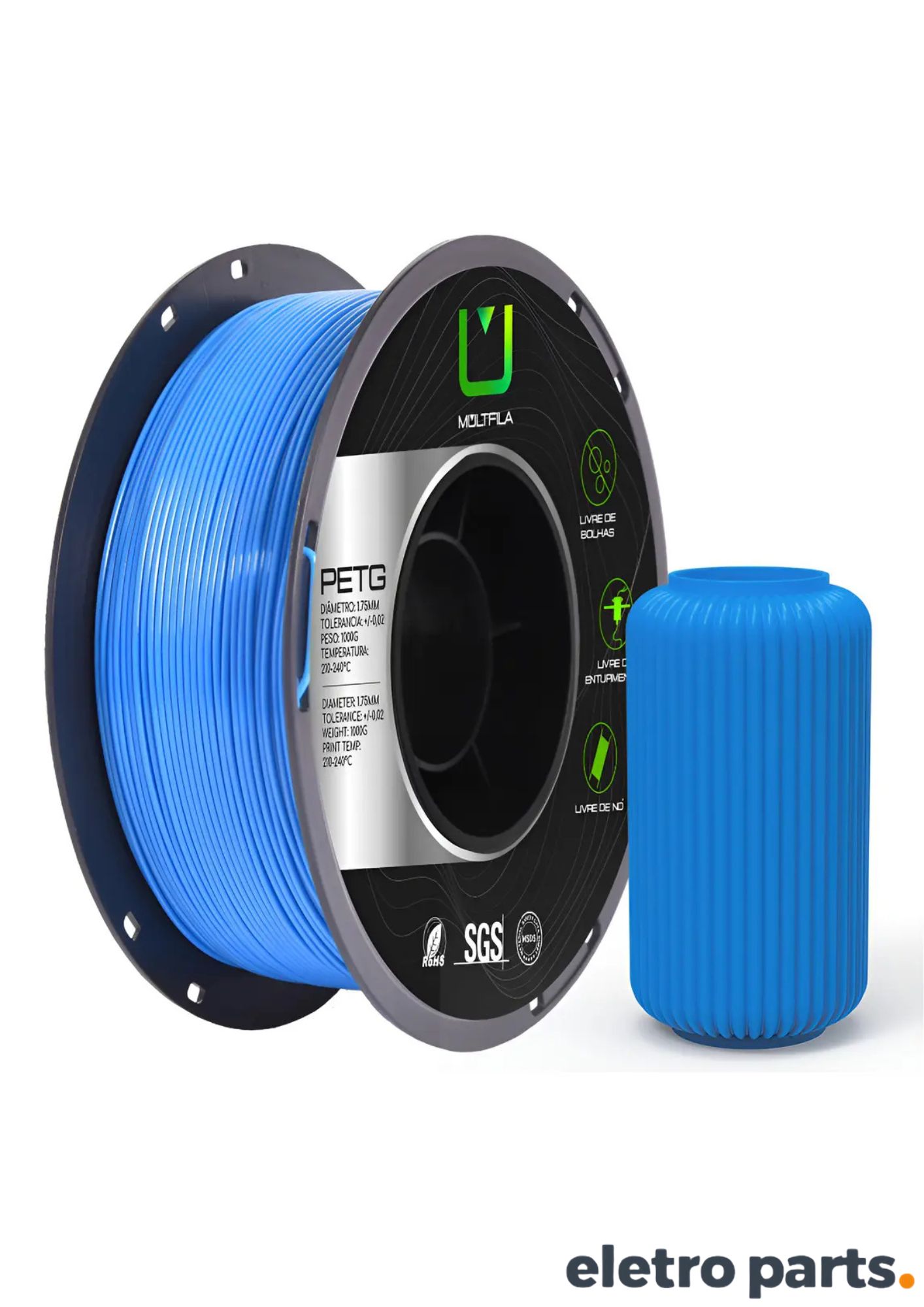 Filamento PETG Azul 1,75 mm 1 kg MultFila para Impressora 3D