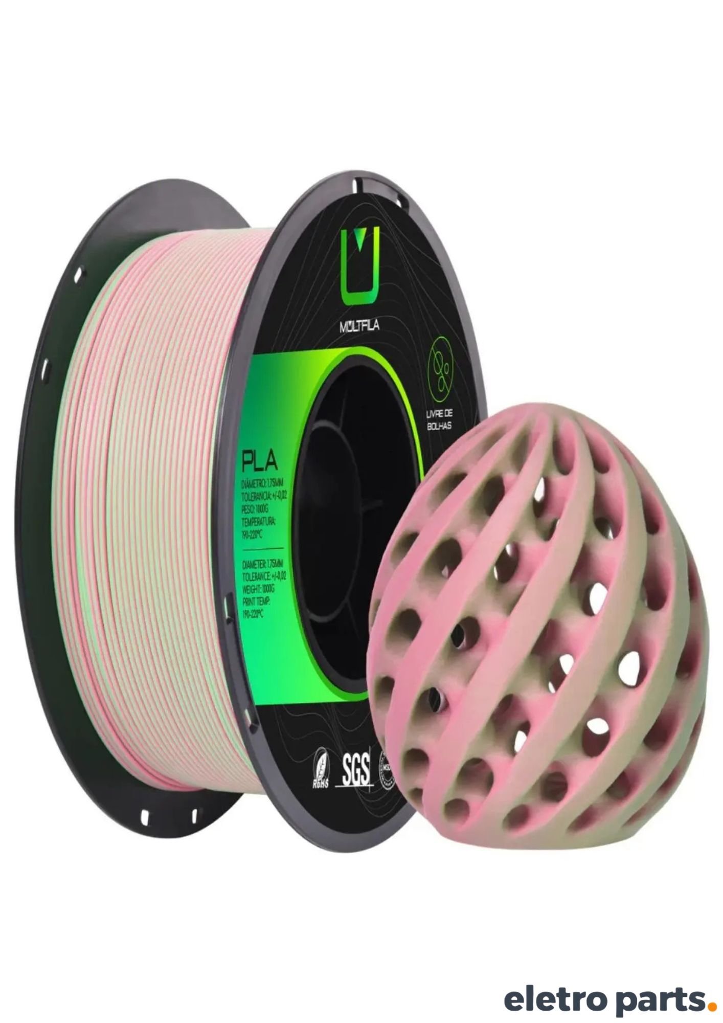 Filamento PLA Matte Dual Rosa e Verde 1,75 mm 1 kg MultFila para Impressora 3D