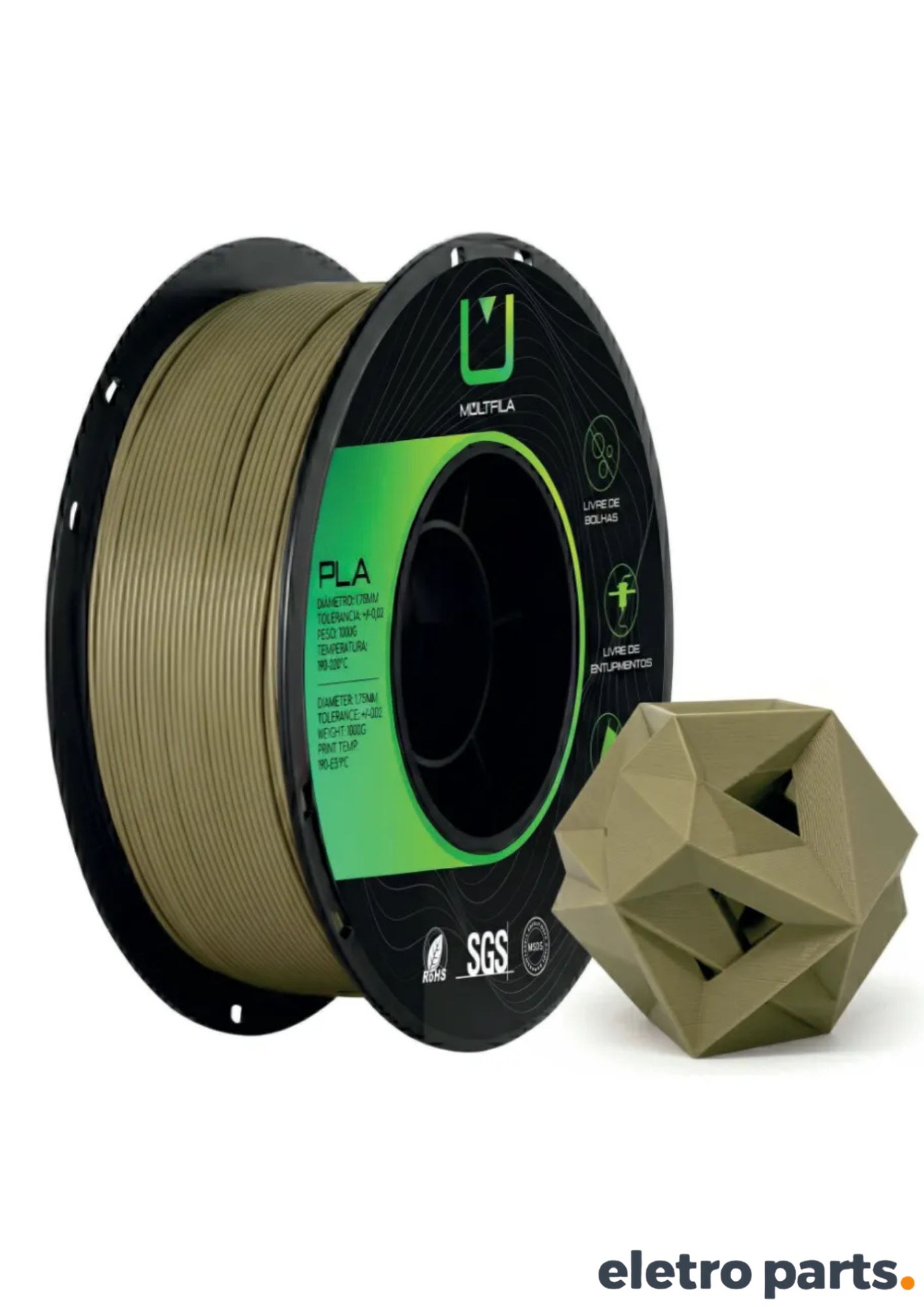 Filamento PLA Matte Castanho Satin 1,75 mm 1 kg MultFila para Impressora 3D