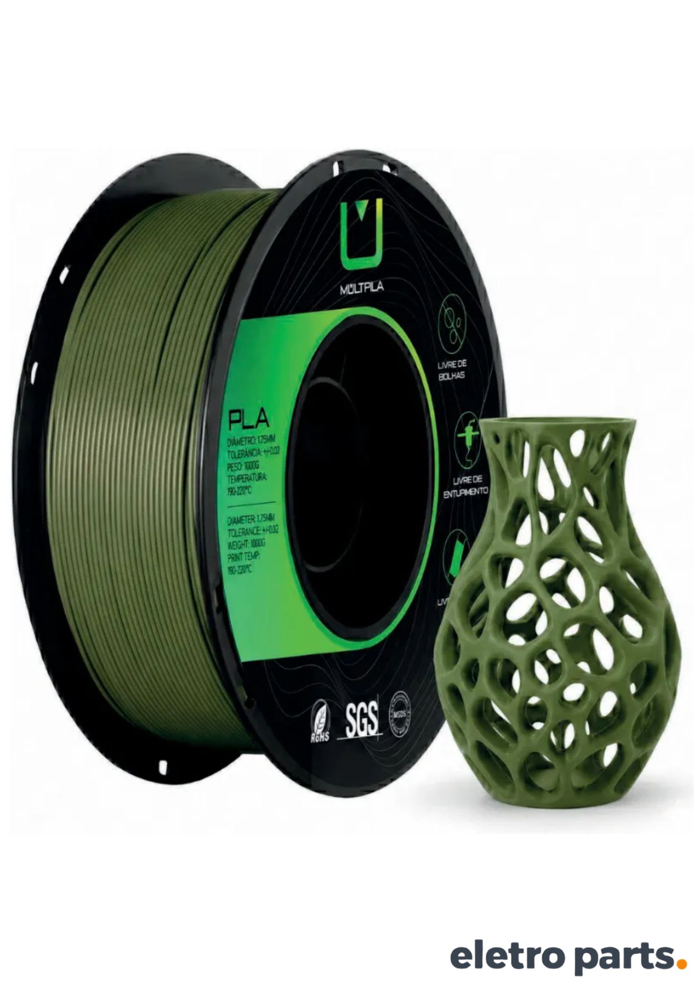 Filamento PLA Matte Verde Oliva 1,75 mm 1 kg MultFila para Impressora 3D