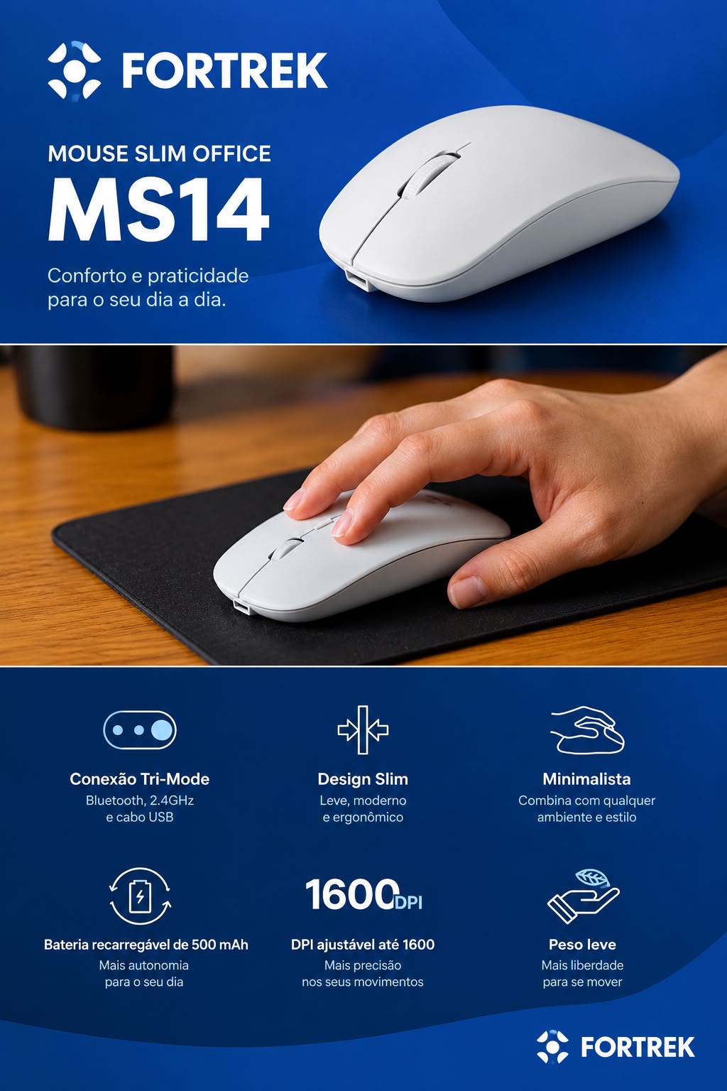 Mouse Sem Fio Fortrek MS14 Branco Tri-Mode Bluetooth 2.4GHz Recarregável - Imagem 3