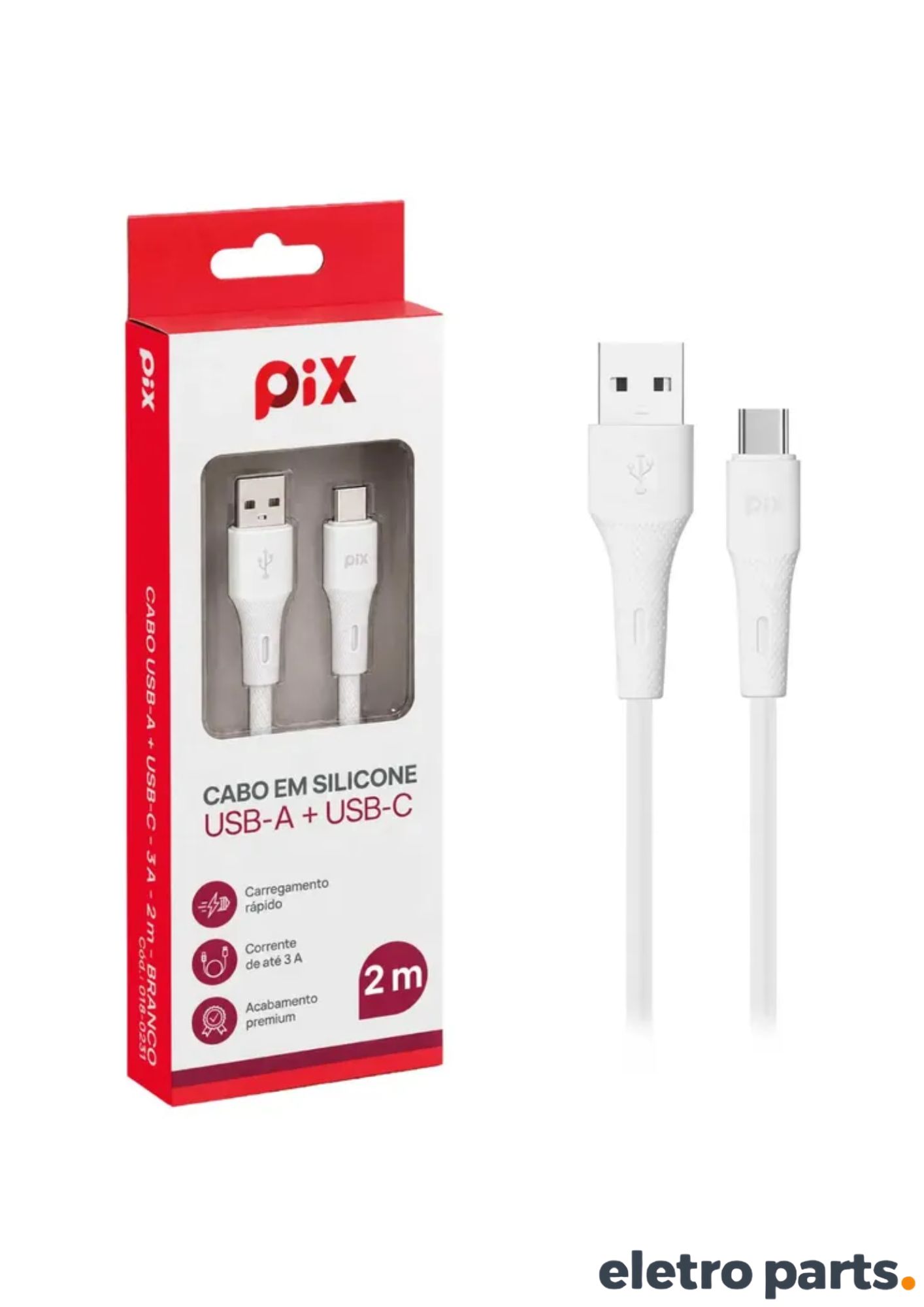 Cabo USB Tipo C PIX 2 Metros Branco Silicone 3A - Imagem 2