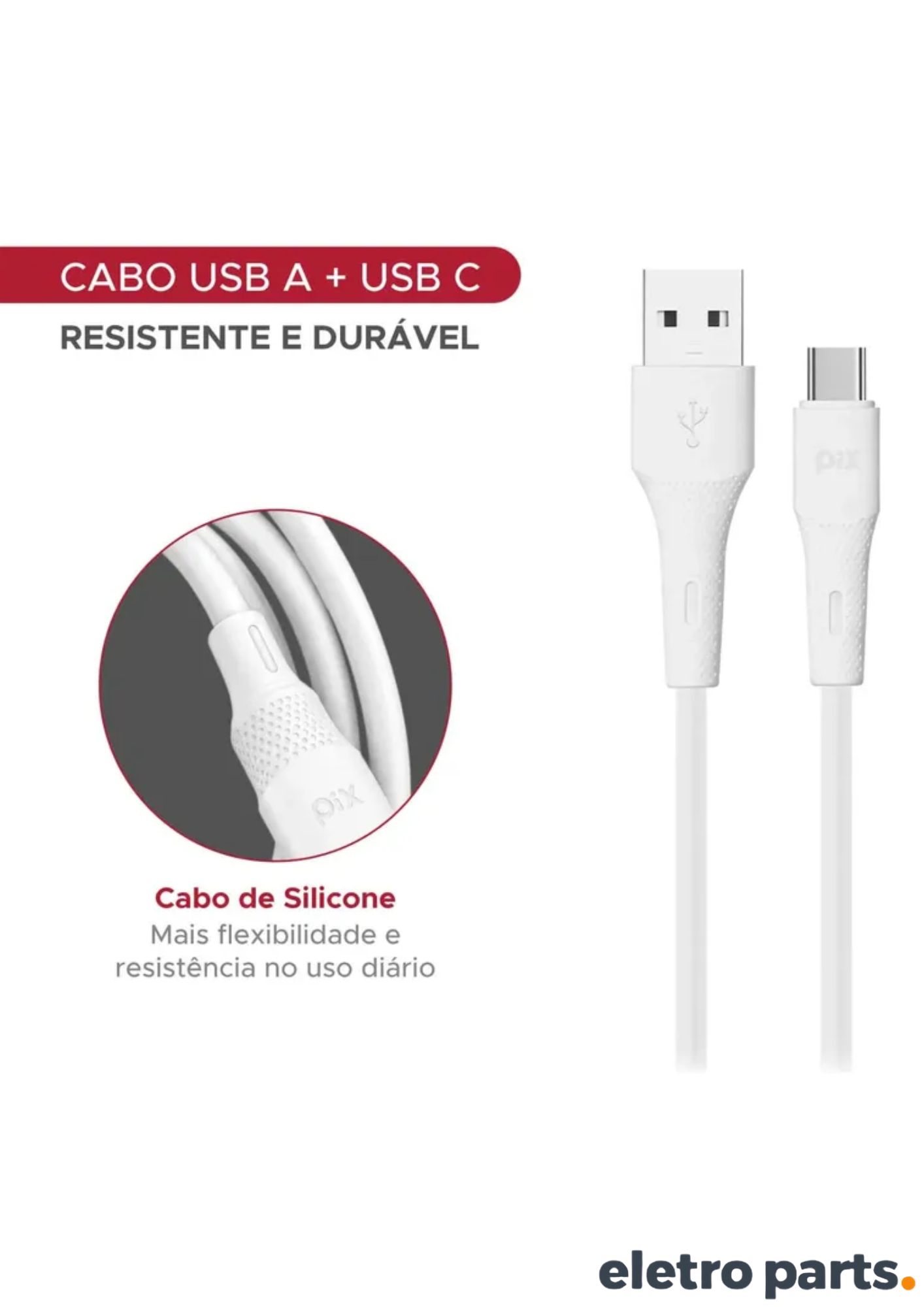 Cabo USB Tipo C PIX 2 Metros Branco Silicone 3A - Imagem 3