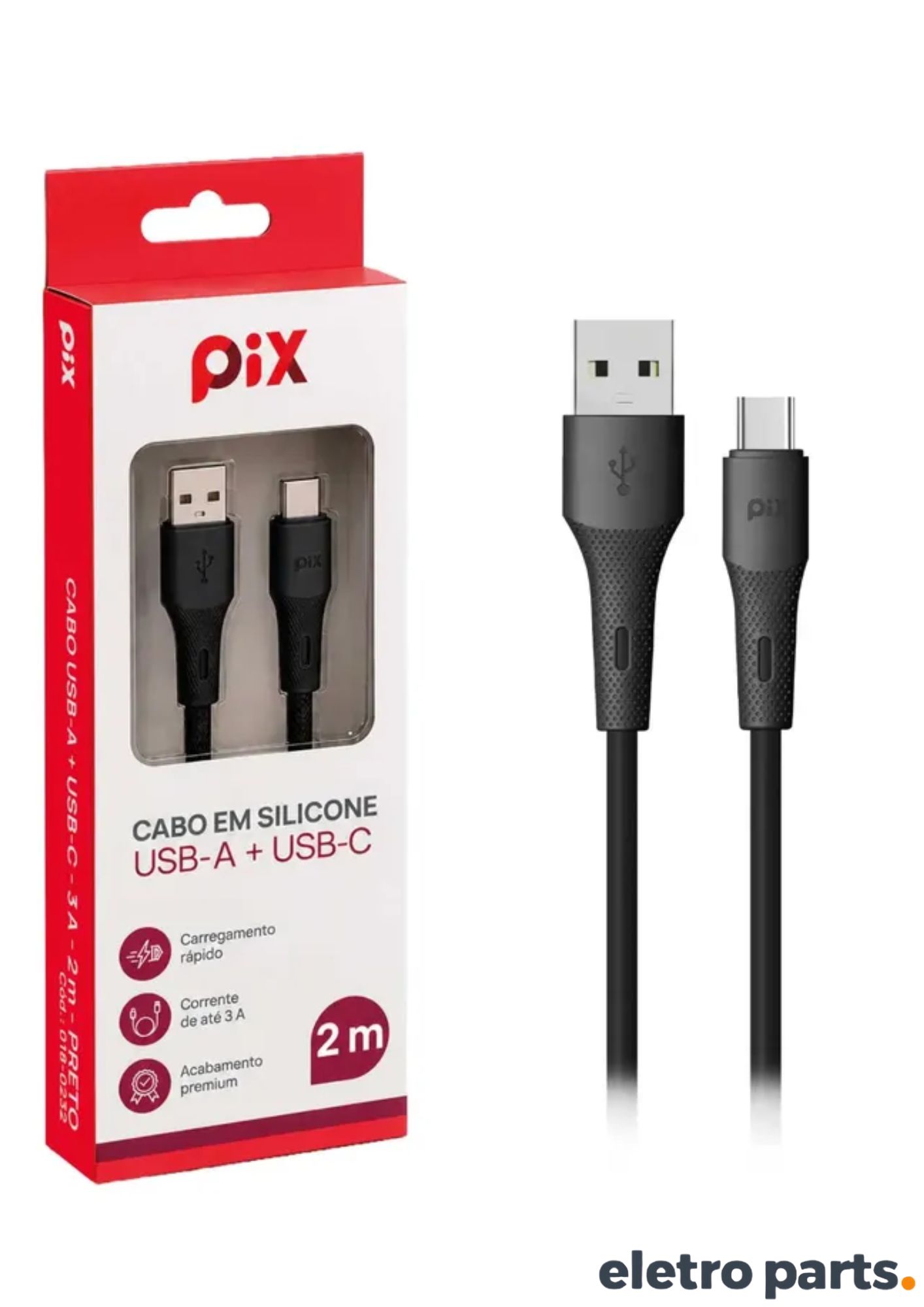 Cabo USB Tipo C PIX 2 Metros Preto Silicone 3A - Imagem 2