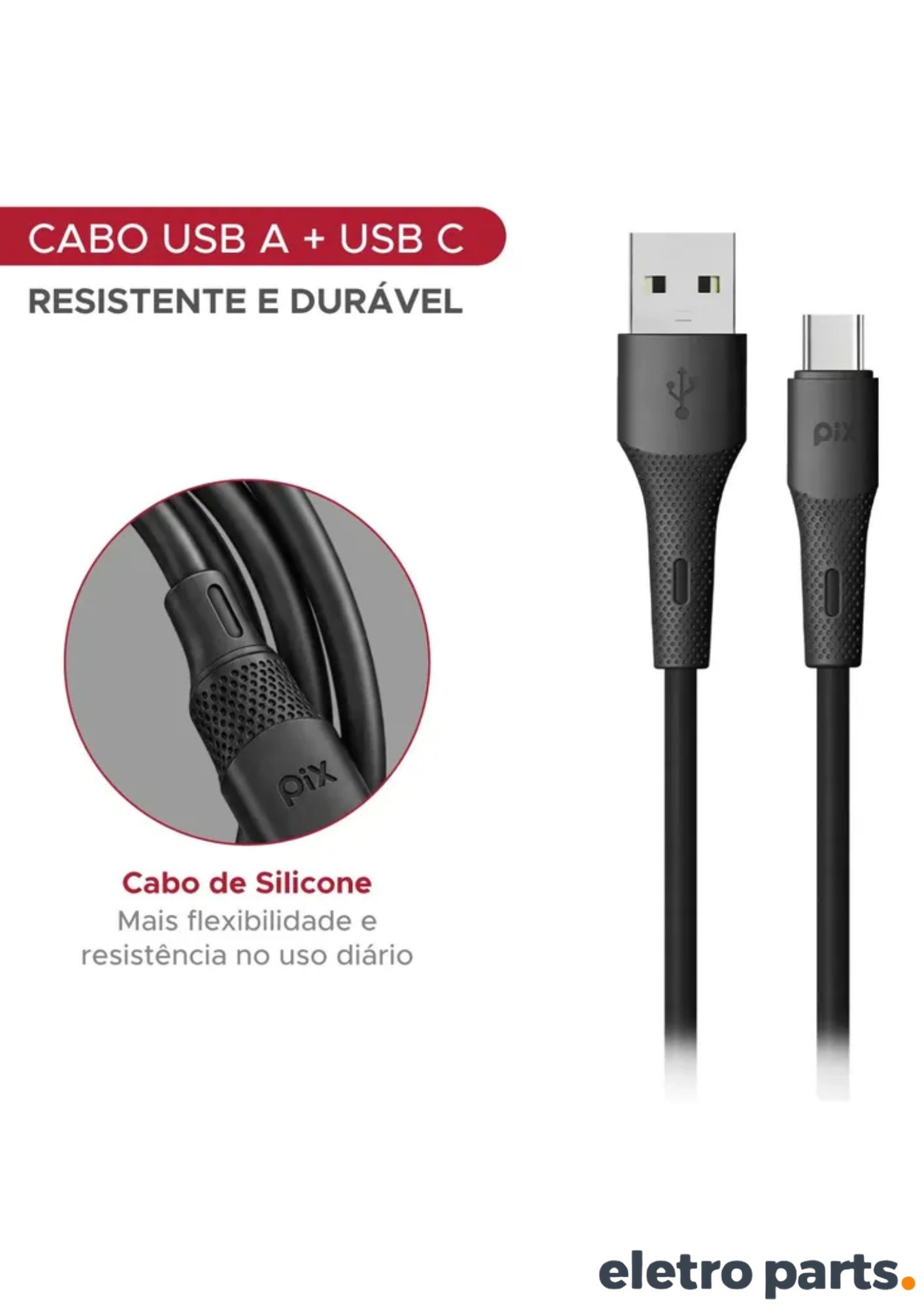 Cabo USB Tipo C PIX 2 Metros Preto Silicone 3A - Imagem 3