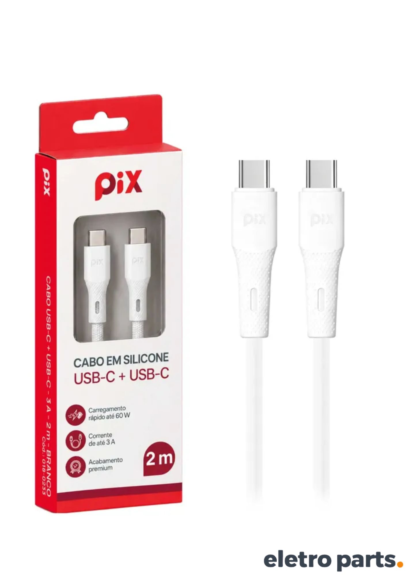 Cabo USB-C para USB-C PIX 2 Metros Branco Silicone PD 60W - Imagem 2