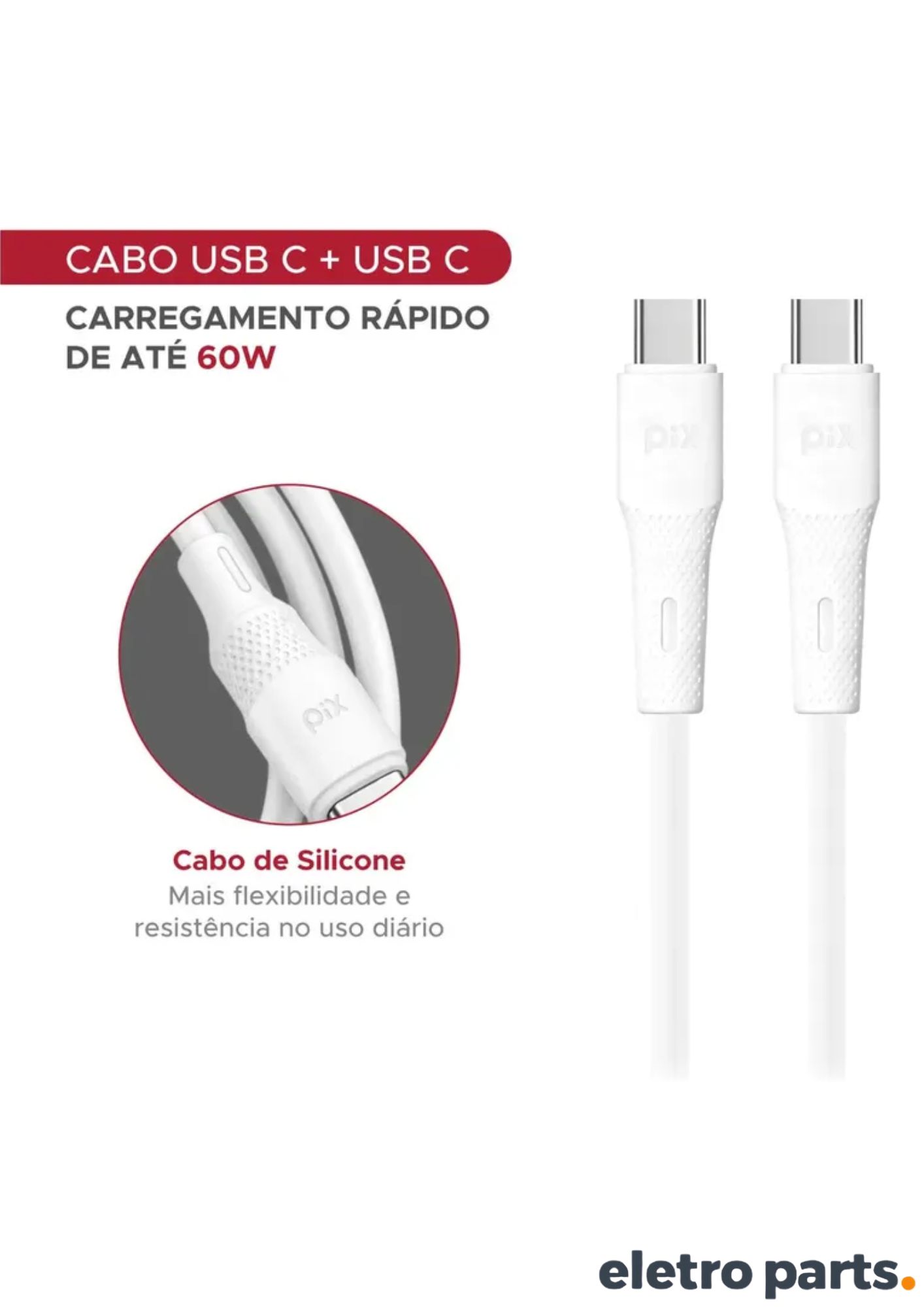 Cabo USB-C para USB-C PIX 2 Metros Branco Silicone PD 60W - Imagem 3
