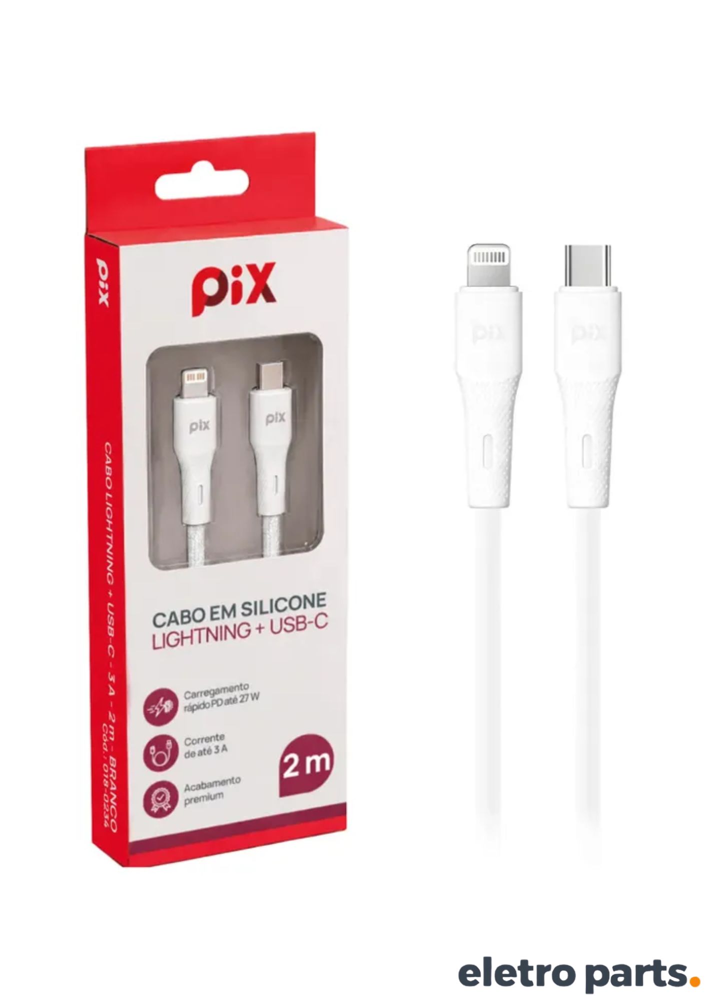 Cabo USB-C para Lightning PIX 2 Metros Branco Silicone PD 27W - Imagem 2