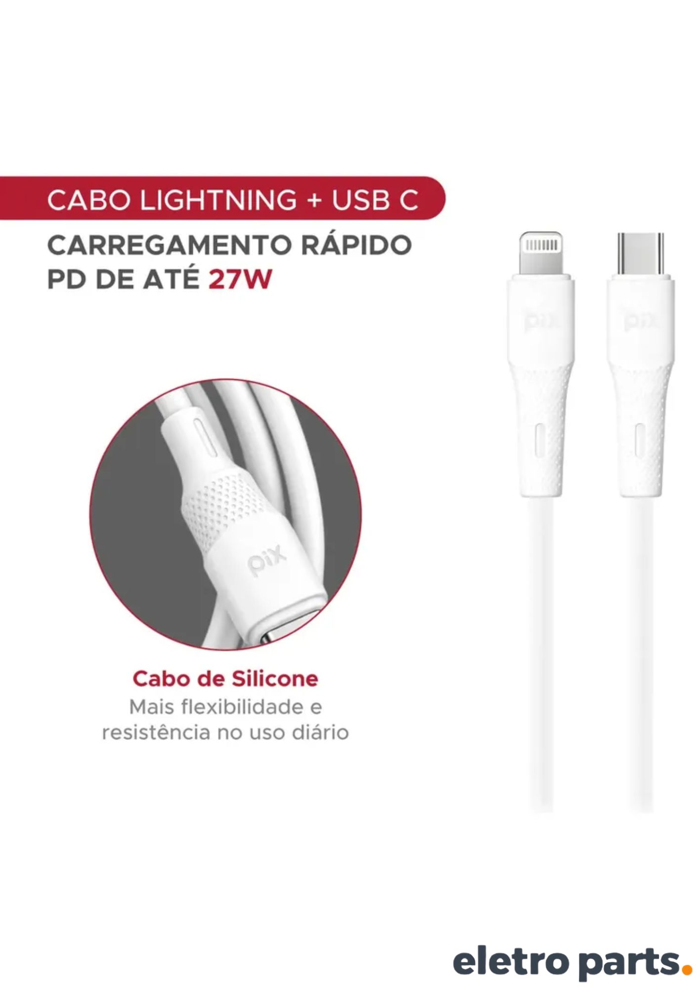 Cabo USB-C para Lightning PIX 2 Metros Branco Silicone PD 27W - Imagem 3