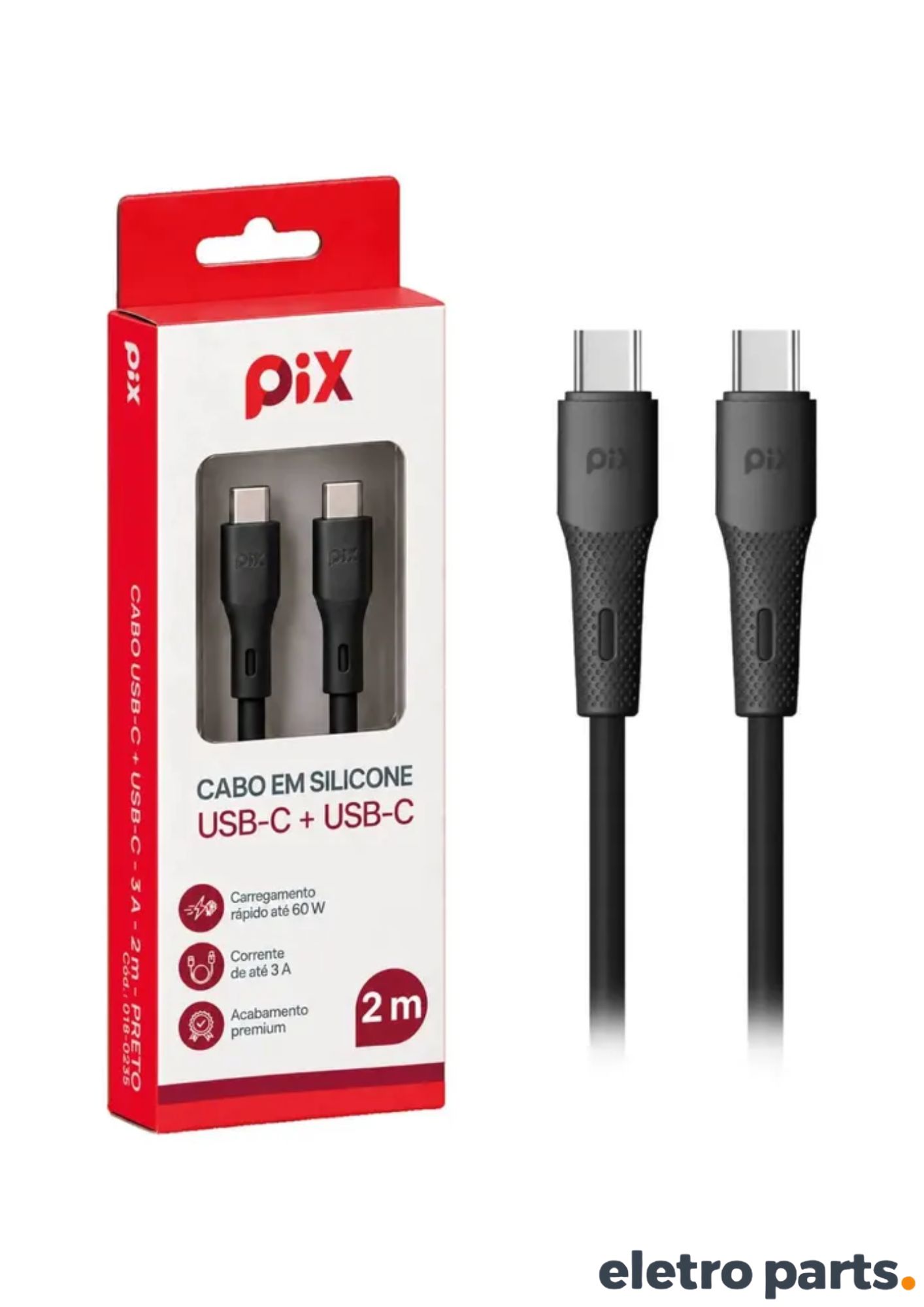 Cabo USB-C para USB-C PIX 2 Metros Preto Silicone PD 60W - Imagem 2