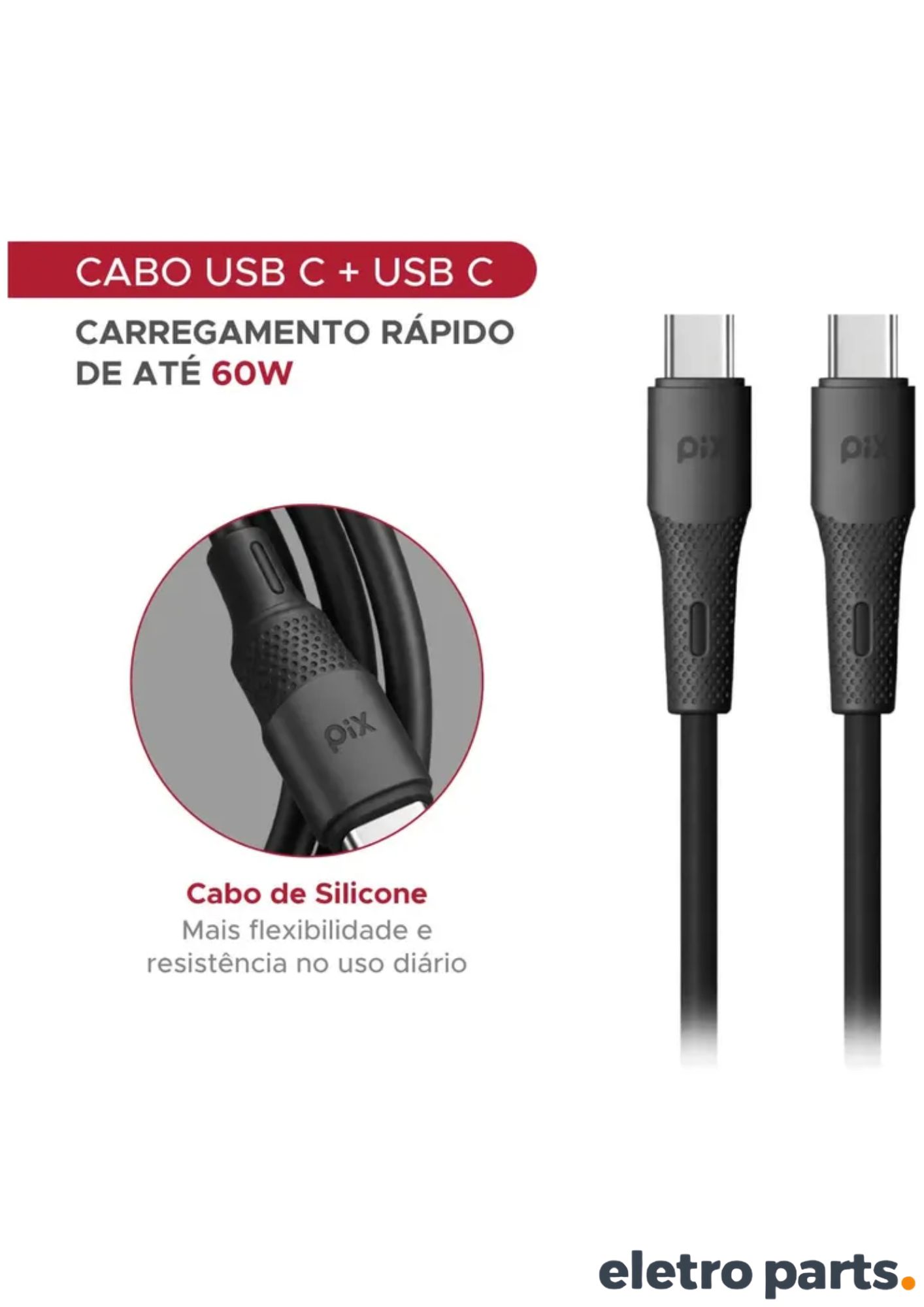 Cabo USB-C para USB-C PIX 2 Metros Preto Silicone PD 60W - Imagem 3