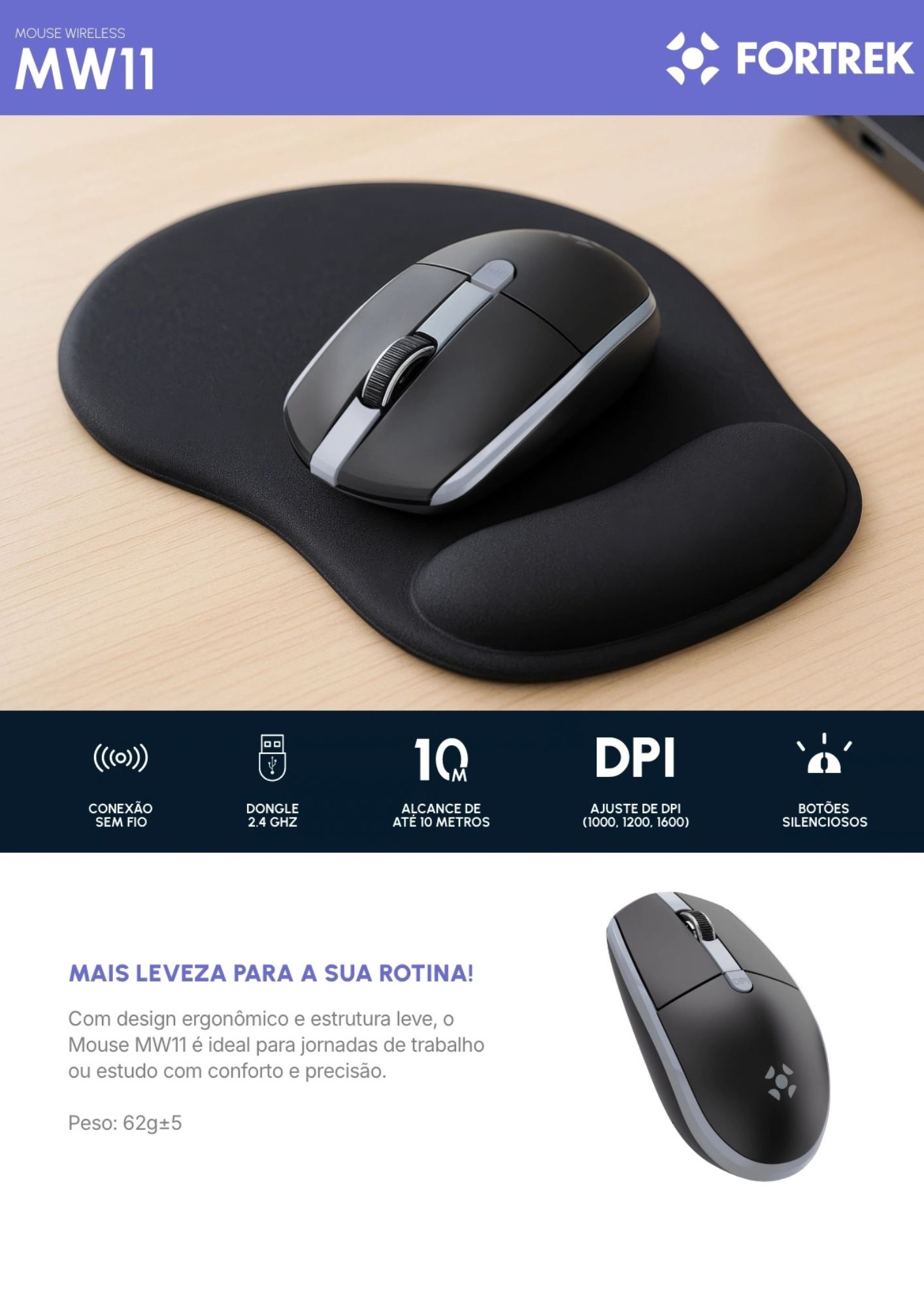 Mouse Sem Fio Fortrek MW11 Standard 1600 DPI Alcance 10m - Imagem 2