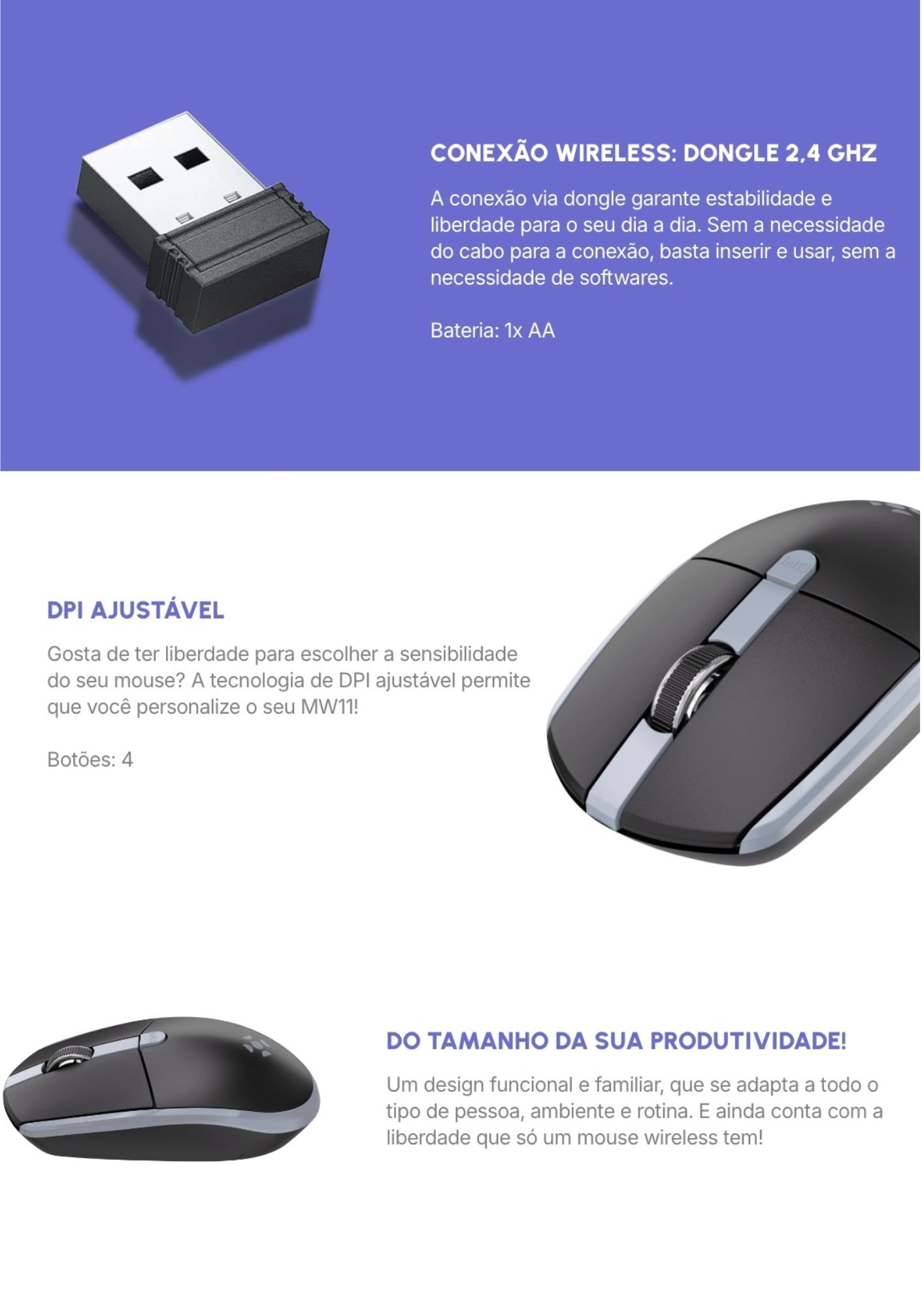 Mouse Sem Fio Fortrek MW11 Standard 1600 DPI Alcance 10m - Imagem 3