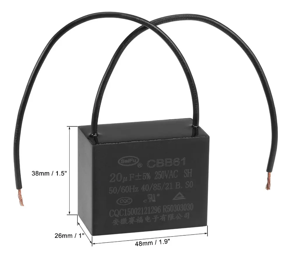 Capacitor CBB61 20uF 250VAC com 2 Fios para Motor e Ventilador - Imagem 2