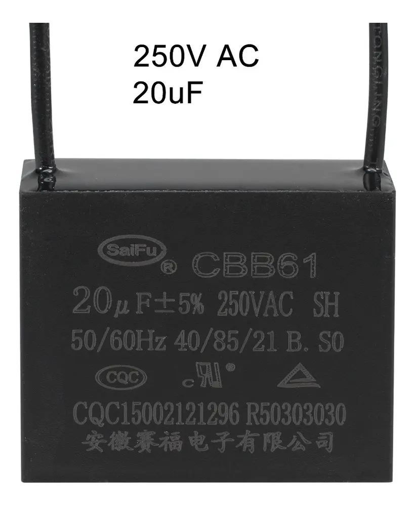 Capacitor CBB61 20uF 250VAC com 2 Fios para Motor e Ventilador - Imagem 3