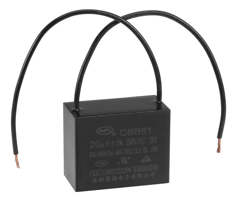 Capacitor CBB61 20uF 250VAC com 2 Fios para Motor e Ventilador